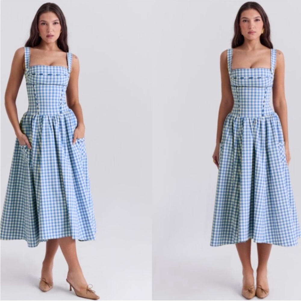 House of CB - L (D-DD) Vivien Blue Gingham Midi Dress. Like New